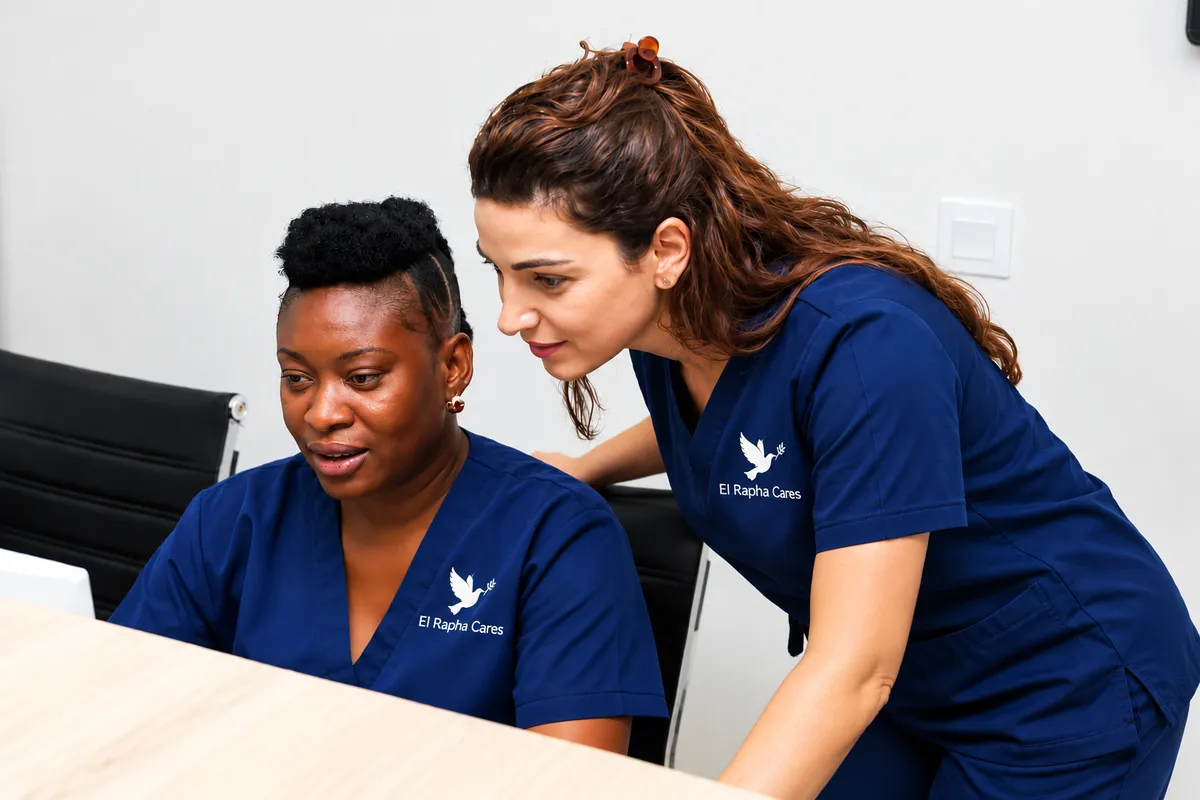 Two El Rapha Cares team members working together at a desk